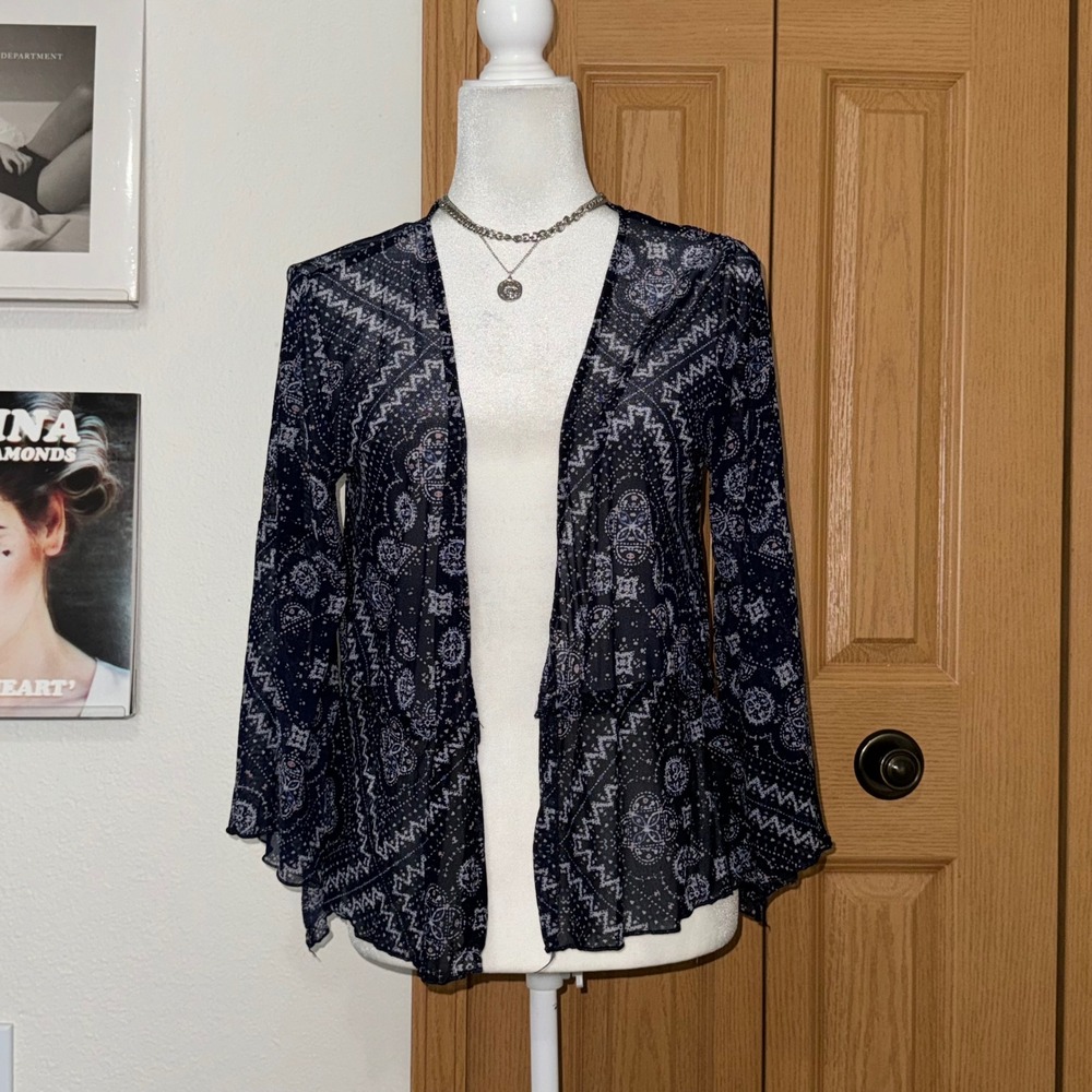 Maurices Navy Blue Sheer Mesh Geometric Print Bell Sleeve Open Front Cardigan M